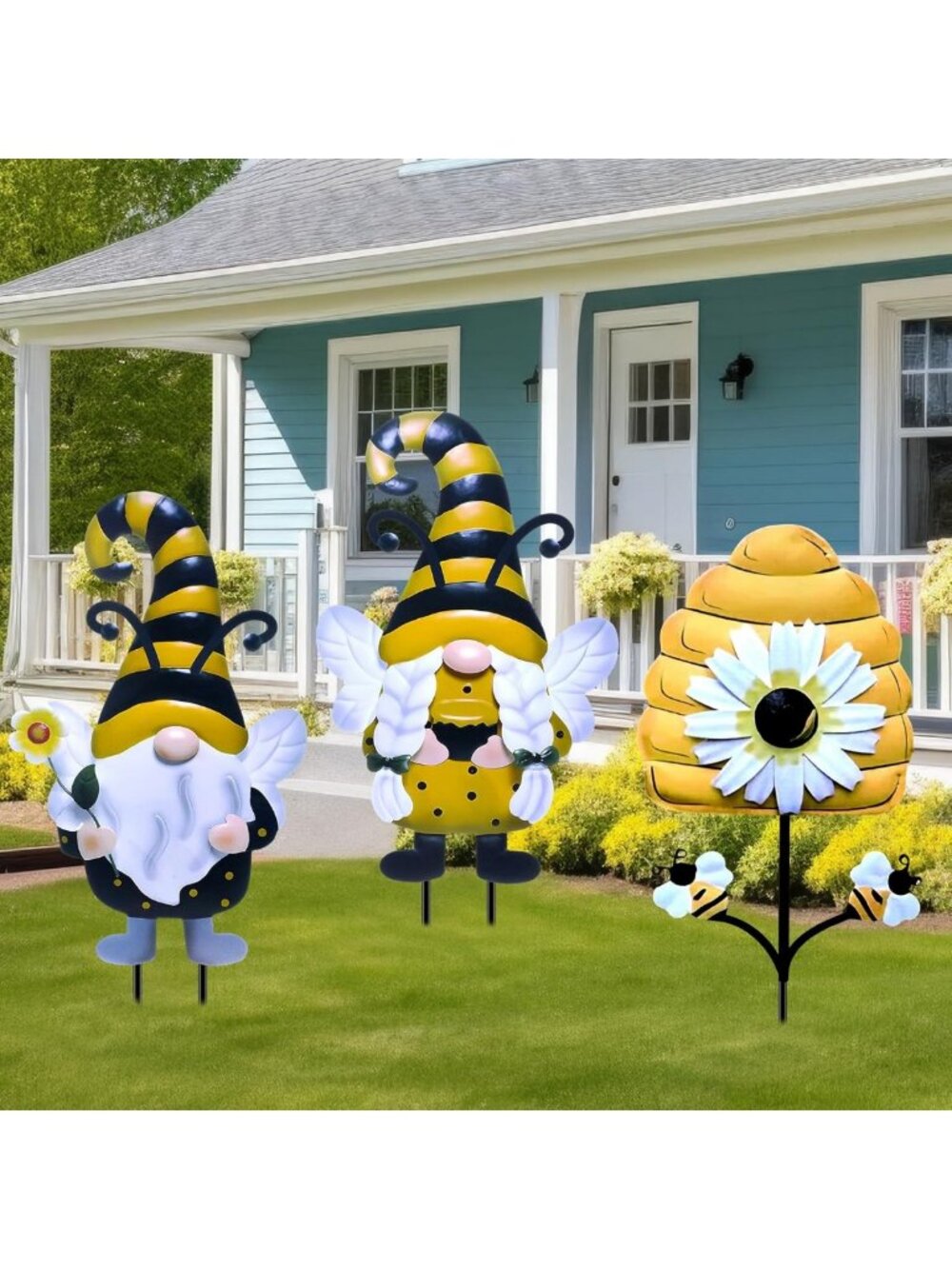 Set of 3 Bee Garden Gnomes Stakes - 25.4'' Decorative Lawn Decor for Spring